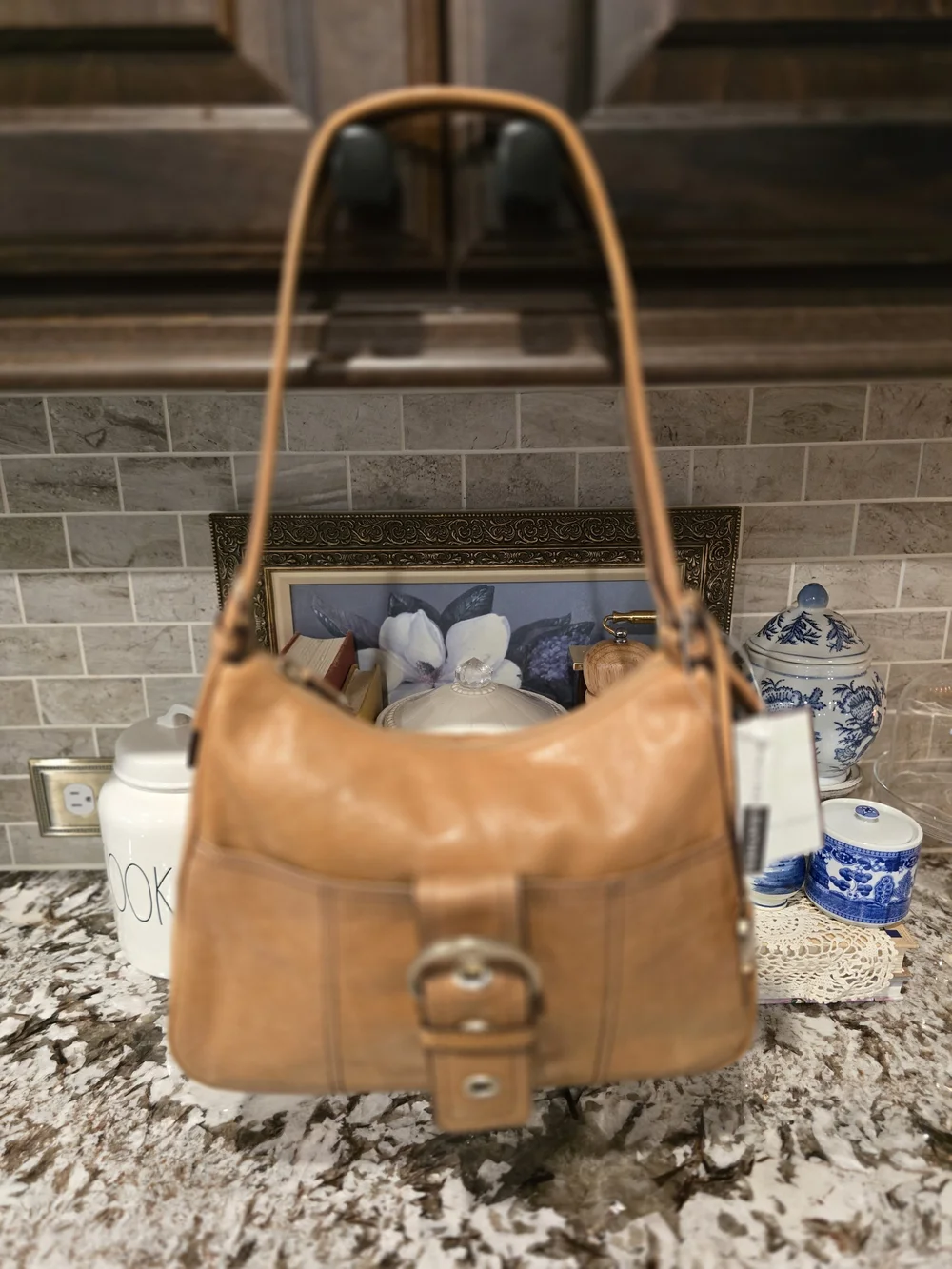 Etienne Aigner Tan Leather Shoulder Bag with Front Buckle